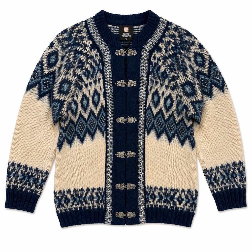 Fjord Fashion Norwegian Wool Cardigan Sweater Blue Whit Nordic Pewter Clasp Knit